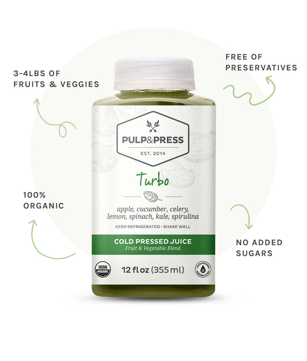 Bottle of turbo juice. 3 to 4 pounds of fruits and veggies. Free of preservatives. 100% organic. No added sugars