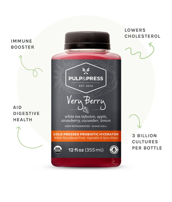 Bottle of very berry probiotic hydrator. Immune booster. Lowers cholesterol. Aid digestive health. 3 billion cultures per bottle
