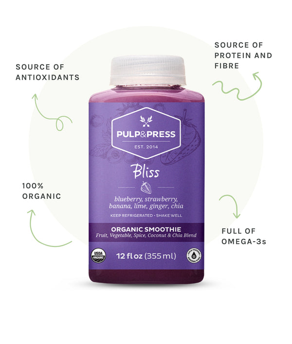Bottle of bliss smoothie. Source of antioxidants. Source of protein and fibre. 100% organic. Full of omega-3s