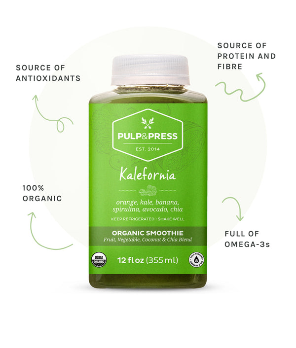 Bottle of kalefornia smoothie. Source of antioxidants. Source of protein and fibre. 100% organic. Full of omega-3s
