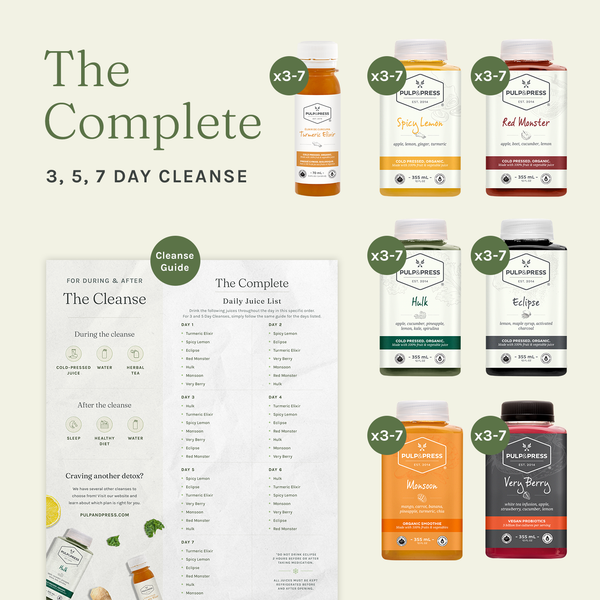 complete cold pressed juice cleanse 3-7 of turmeric wellness shot, spicy lemon, red monster, hulk, eclipse, monsoon smoothies, very berry probiotics, guide included
