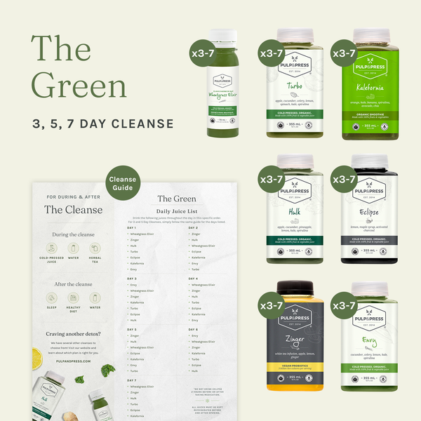 Green Cleanse 3, 5, 7 Day options, 3-7 of wheatgrass shots, turbo, kalefornia smoothie, hulk, eclipse, zinger probiotic, envy, guide included
