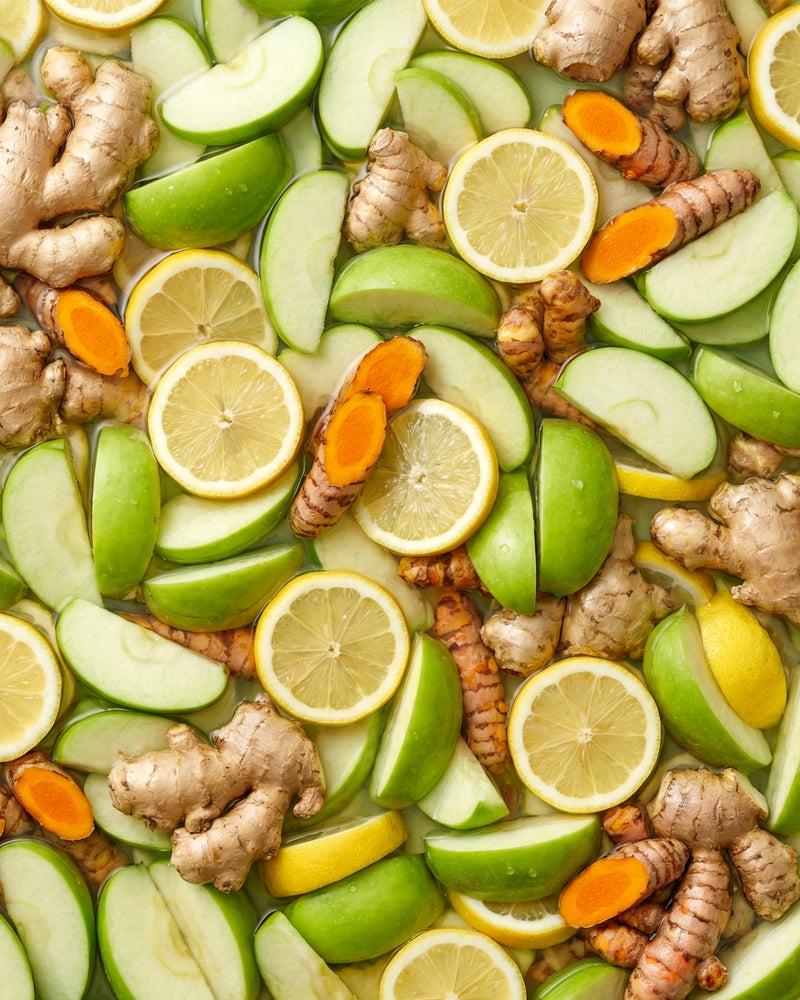 Mixture of sliced green apples, lemons, ginger, and carrots on a bed of water.