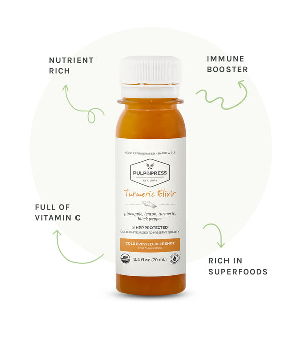 Bottle of turmeric elixir. Nutrient rich. Immunie booster. Full of vitamin c. Rich in superfoods