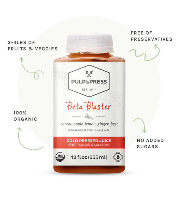 Bottle of beta blaster juice. 3 to 4 pounds of fruits and veggies. Free of preservatives. 100% organic. No added sugars