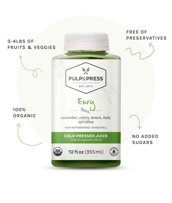 Bottle of envy juice. 3 to 4 pounds of fruits and veggies. Free of preservatives. 100% organic. No added sugars.