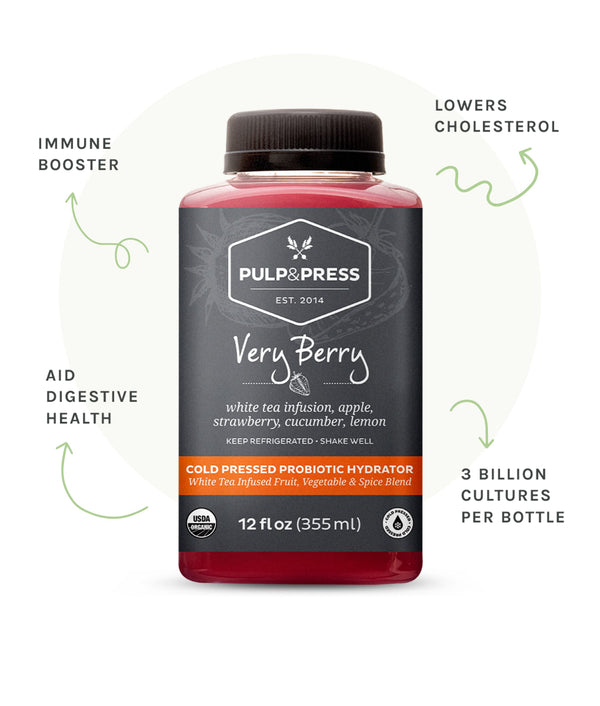 Bottle of very berry probiotic hydrator. Immune booster. Lowers cholesterol. Aid digestive health. 3 billion cultures per bottle