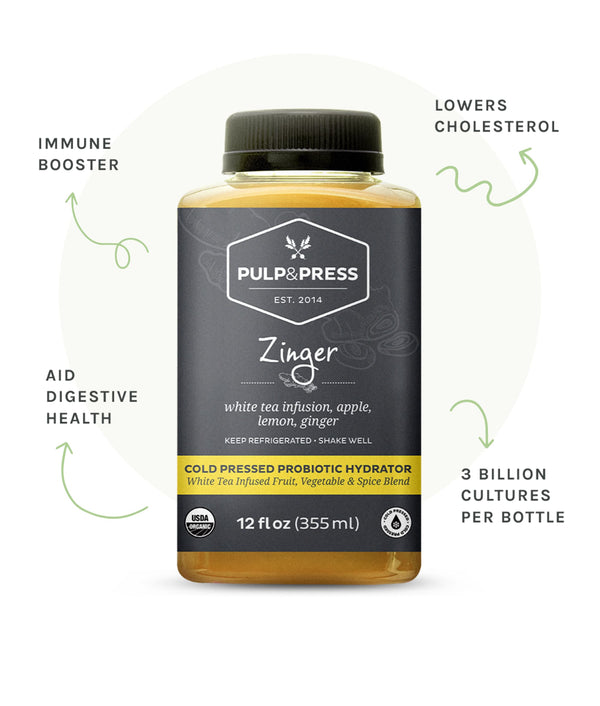 Bottle of zinger probiotic hydrator. Immune booster. Lowers cholesterol. Aid digestive health. 3 billion cultures per bottle