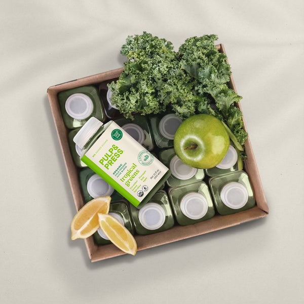 Box of Pulp & Press Organic Tropical Greens juice.