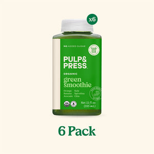Pulp & Press green smoothie bottle with a 6-pack label on a white background