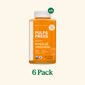 Pulp & Press tropical smoothie bottle with a 6-pack label on a white background