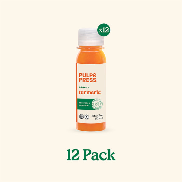 Pulp & Press organic turmeric supplement bottle with a 12-pack label on a white background.