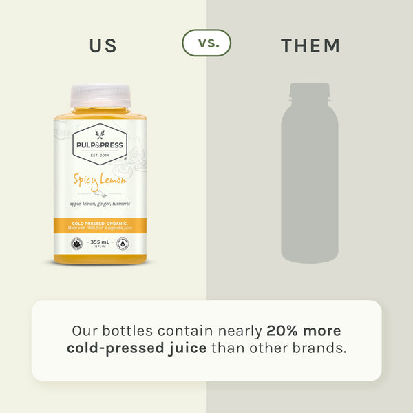 Us vs. them, our bottles contain nearly 20% more cold pressed juice than other brands.