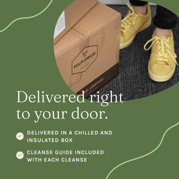 Delivered right to your door. Delivered in a chilled and insulated box, cleanse guide included with each cleanse